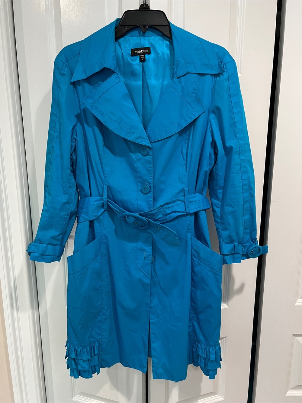 bebe Teal Blue Trench Coat with Ruffle Hem